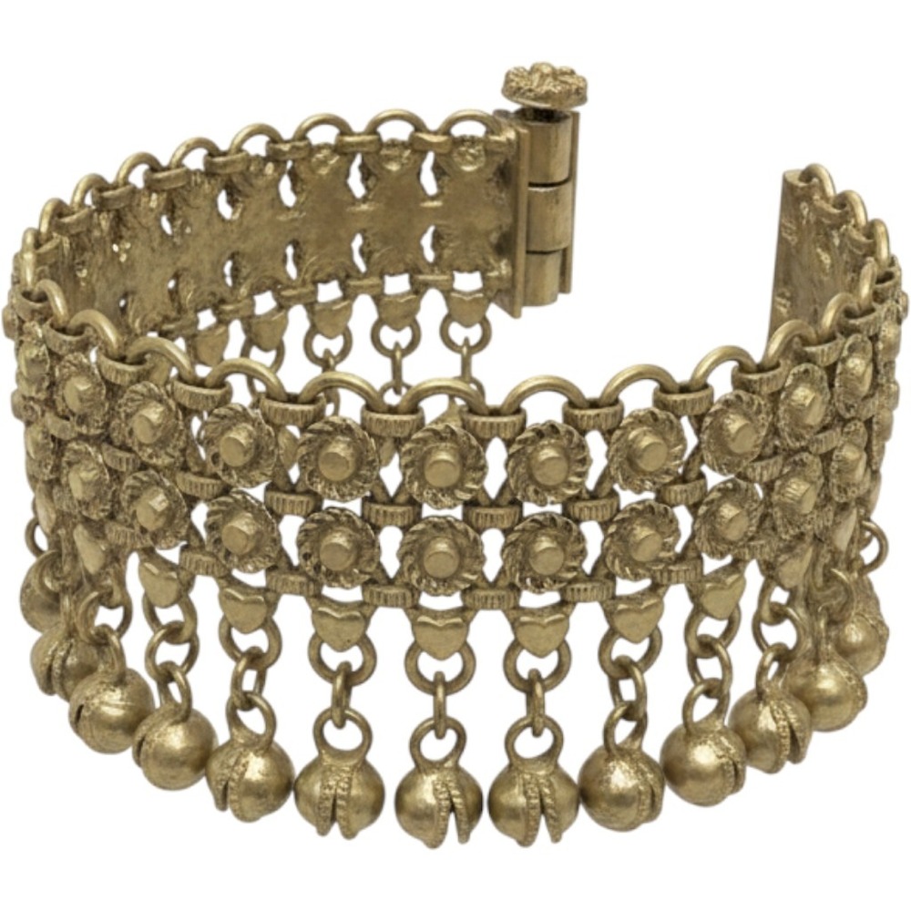 Antique Brass Bell Cuff Bracelet Wide Boho Floral Heart Link Ghungroo 7.5 Inch